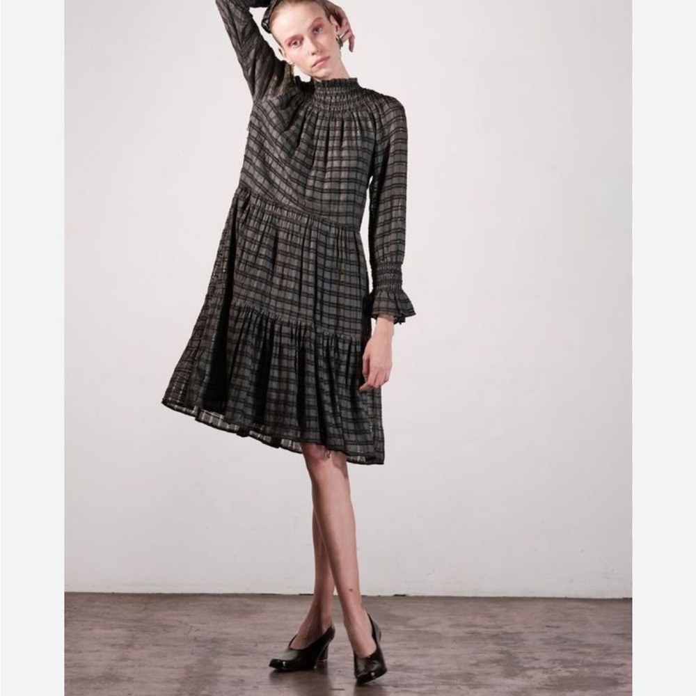 NWT Maria Stanley Taylor Green 100% Silk Ethical Sourced Boho Tiered Short Dress